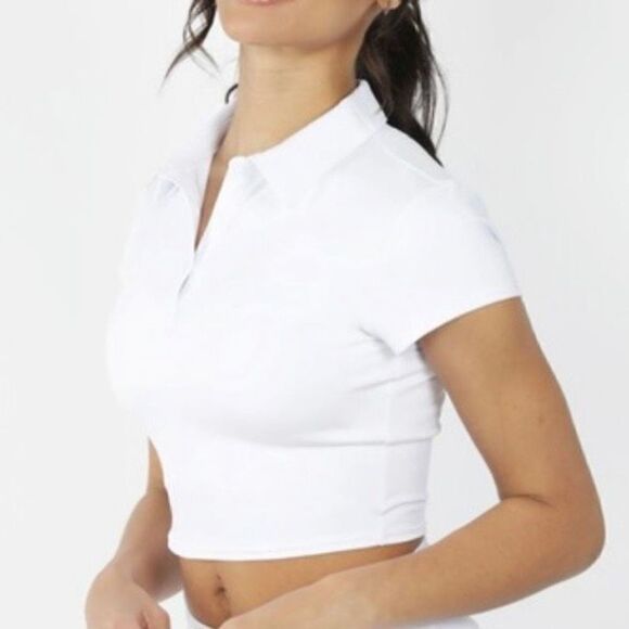 Y2K 90 DEGREES BY REFLEX Lux Short Sleeve Cropped Tennis Polo Baby Tee White - Picture 3 of 6